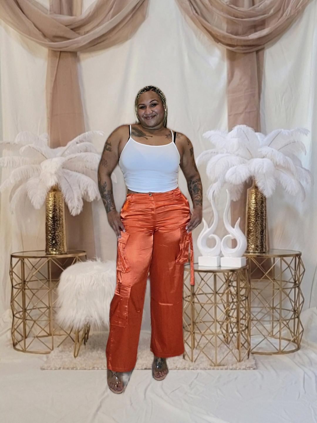Sasha Satin Cargo Pants - Orange