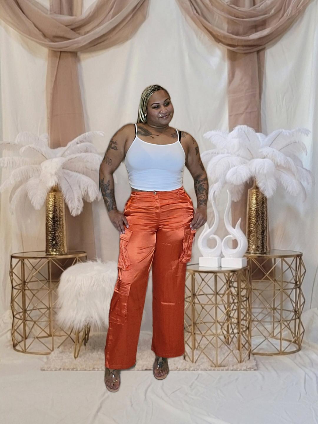 Sasha Satin Cargo Pants - Orange