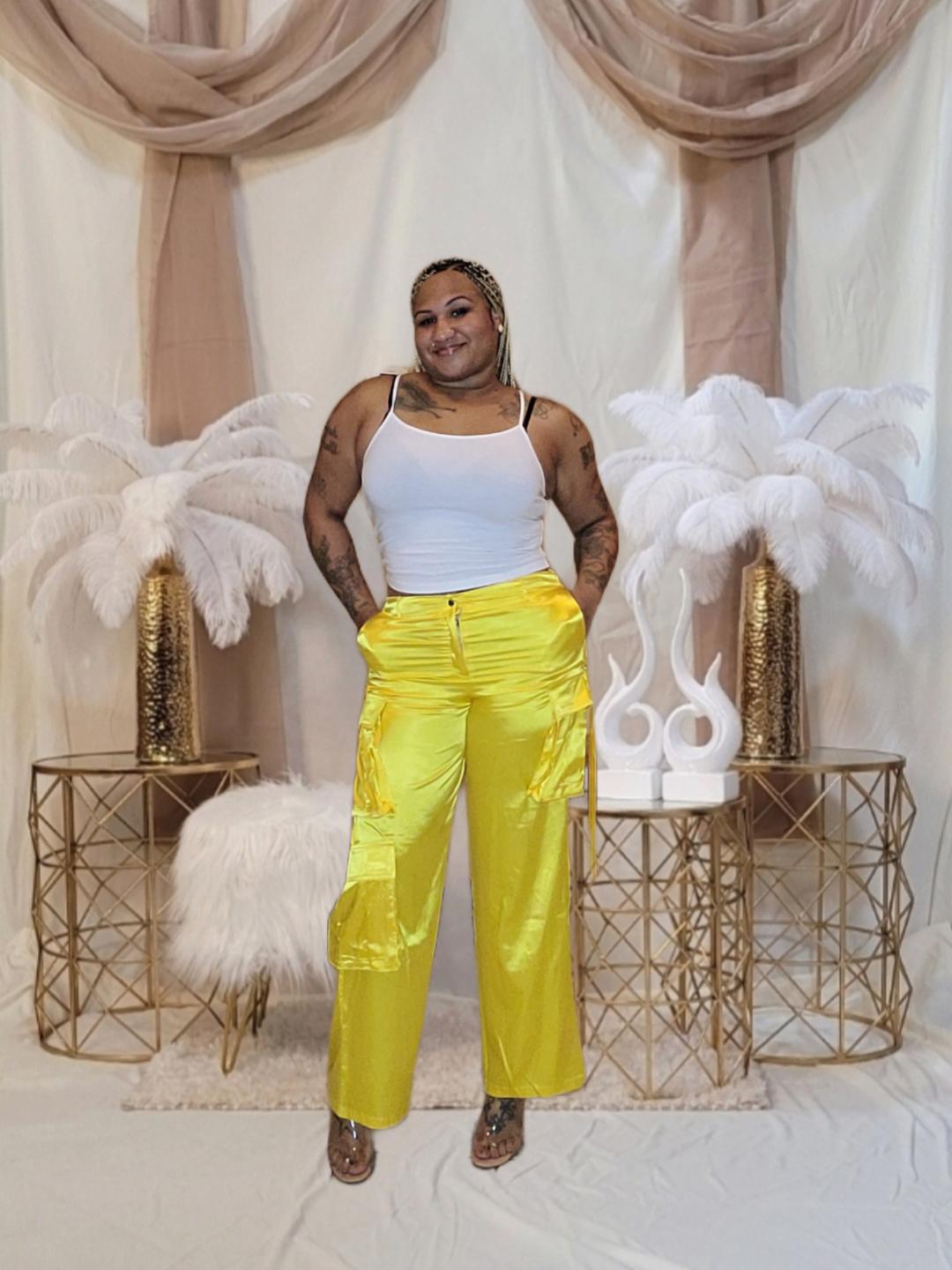 Sasha Satin Cargo Pants - Yellow