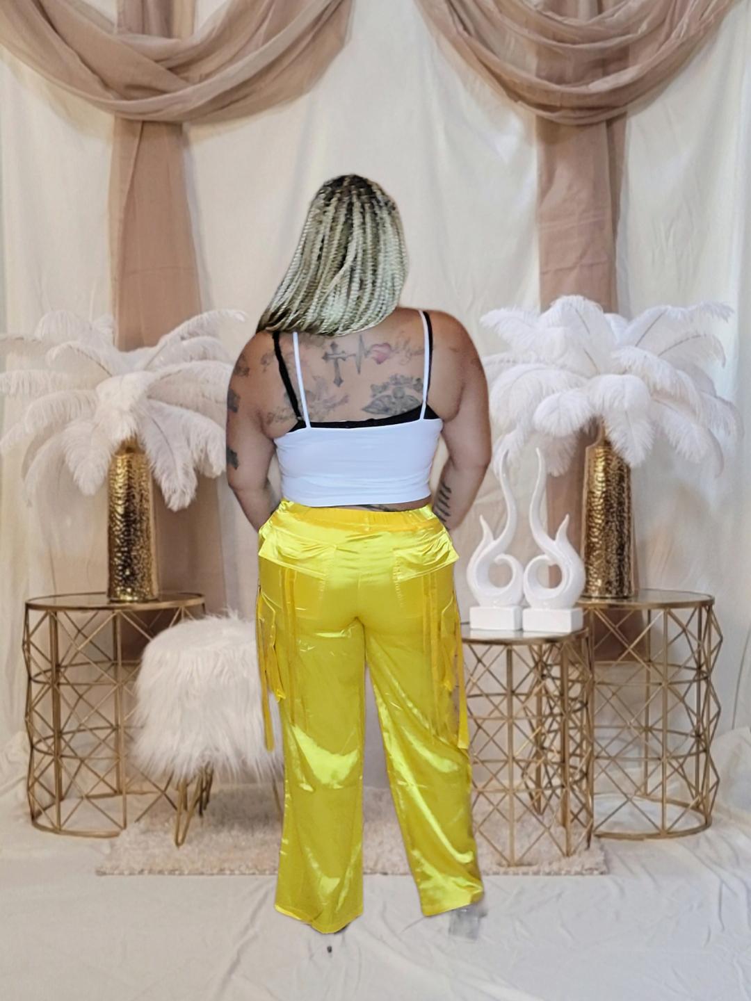 Sasha Satin Cargo Pants - Yellow
