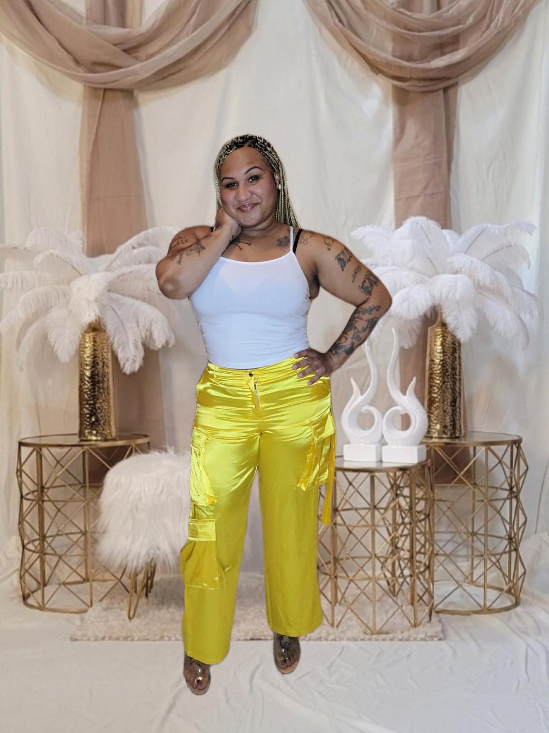 Sasha Satin Cargo Pants - Yellow